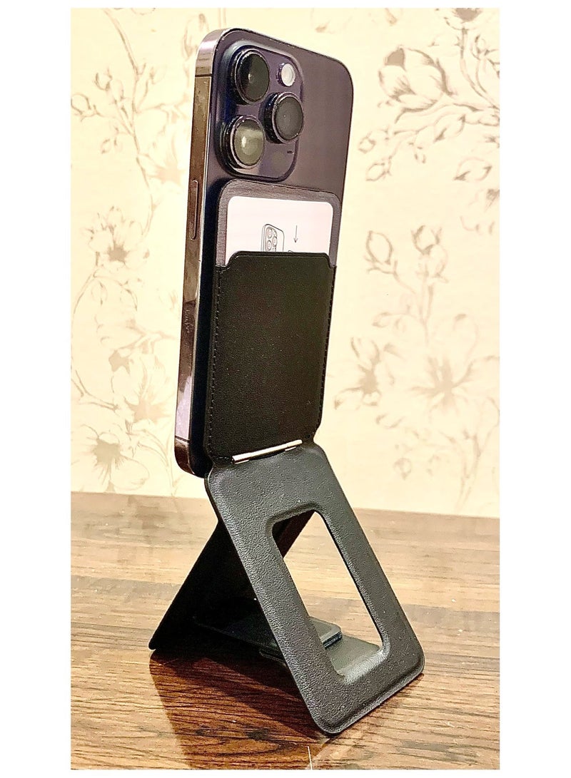 حامل هاتف محمول وآيفون، محفظة هاتف تدعم NFC، عصا سيلفي بحجم الجيب، حامل بطاقات من جلد نباتي بزوايا قابلة للتعديل، أساسي للسفر، باللون الأسود - Image 3